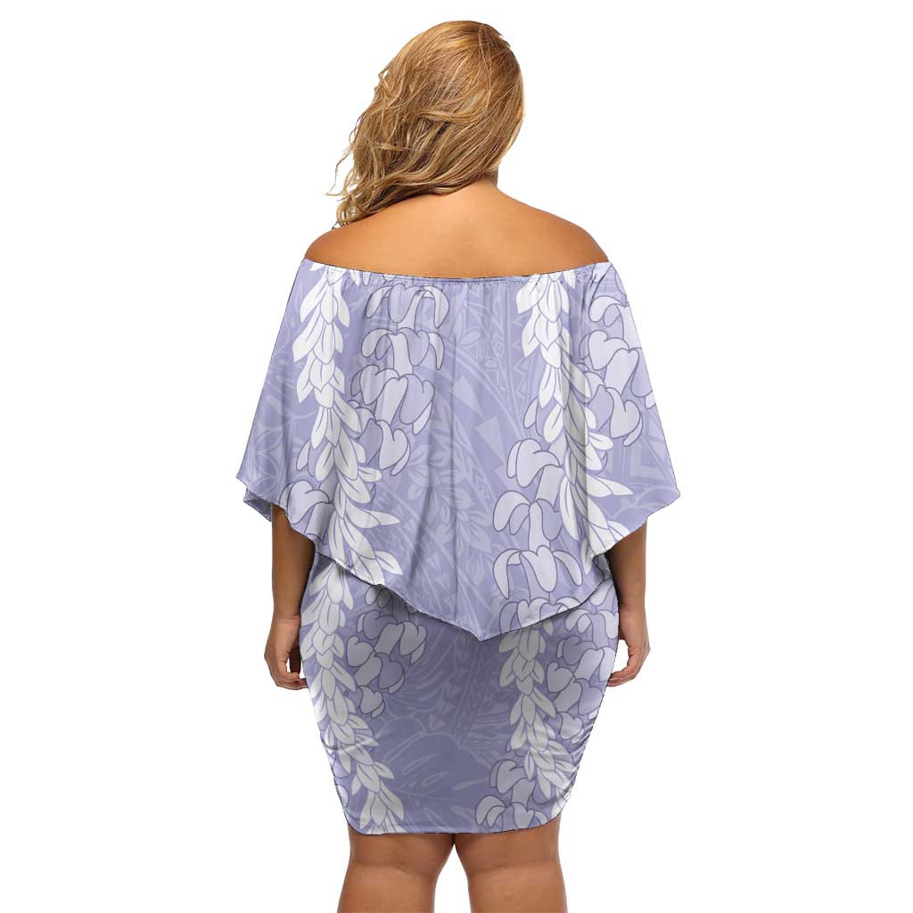 Puakenikeni and Maile Lei Off Shoulder Short Dress Purple Double Strand Lei