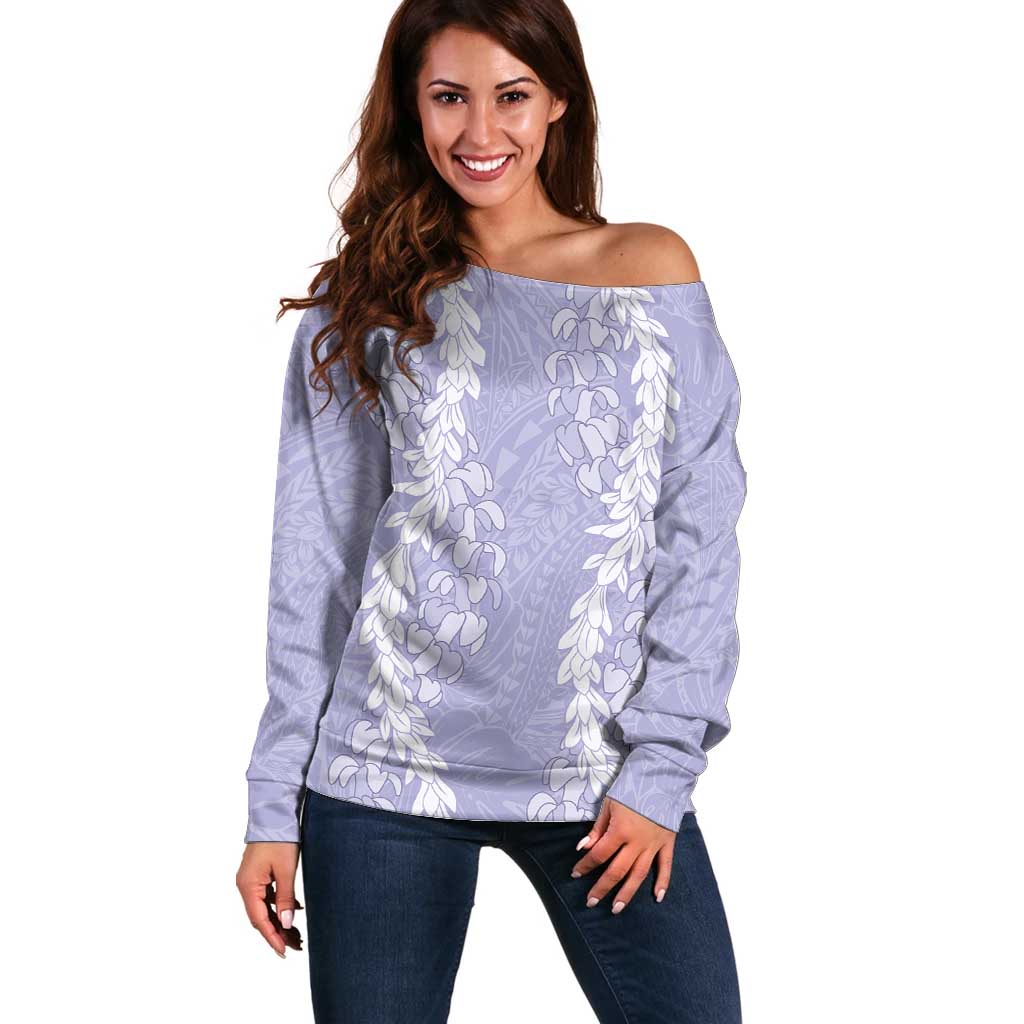 Puakenikeni and Maile Lei Off Shoulder Sweater Purple Double Strand Lei LT9 Women Purple - Polynesian Pride