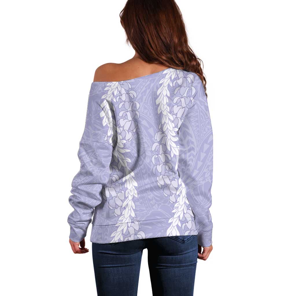 Puakenikeni and Maile Lei Off Shoulder Sweater Purple Double Strand Lei LT9 - Polynesian Pride