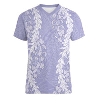 Puakenikeni and Maile Lei Women V-Neck T-Shirt Purple Double Strand Lei