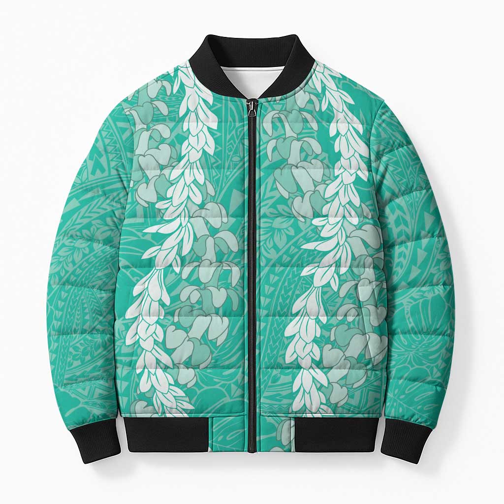 Puakenikeni and Maile Lei Bomber Puffer Jacket Sage Green Double Strand Lei - Polynesian Pride