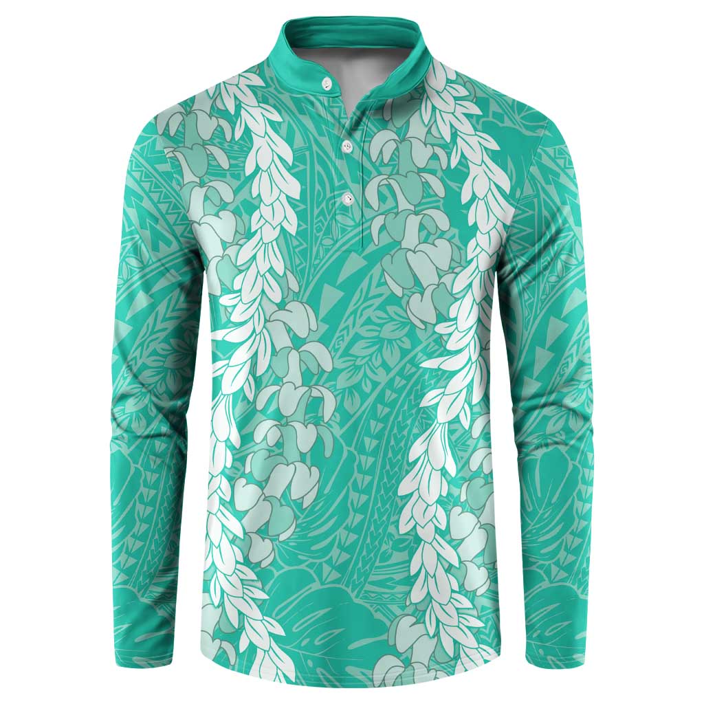 Puakenikeni and Maile Lei Button Sweatshirt Sage Green Double Strand Lei