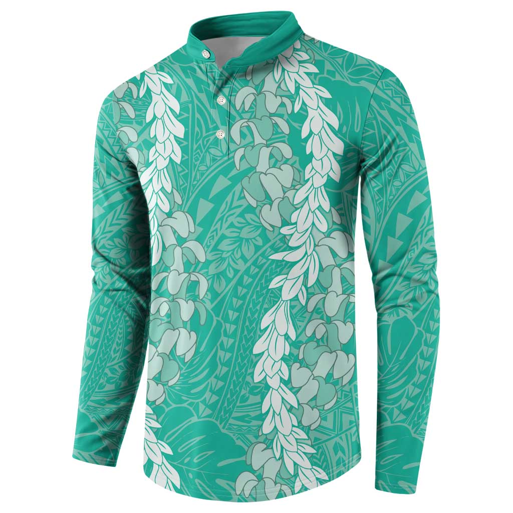 Puakenikeni and Maile Lei Button Sweatshirt Sage Green Double Strand Lei