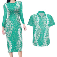 Puakenikeni and Maile Lei Couples Matching Long Sleeve Bodycon Dress and Hawaiian Shirt Sage Green Double Strand Lei LT9 Sage Green - Polynesian Pride