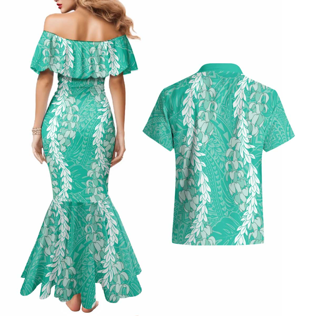 Puakenikeni and Maile Lei Couples Matching Mermaid Dress and Hawaiian Shirt Sage Green Double Strand Lei LT9 - Polynesian Pride