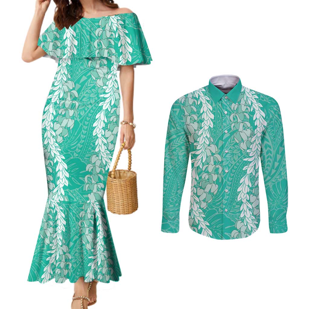 Puakenikeni and Maile Lei Couples Matching Mermaid Dress and Long Sleeve Button Shirt Sage Green Double Strand Lei