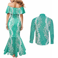 Puakenikeni and Maile Lei Couples Matching Mermaid Dress and Long Sleeve Button Shirt Sage Green Double Strand Lei