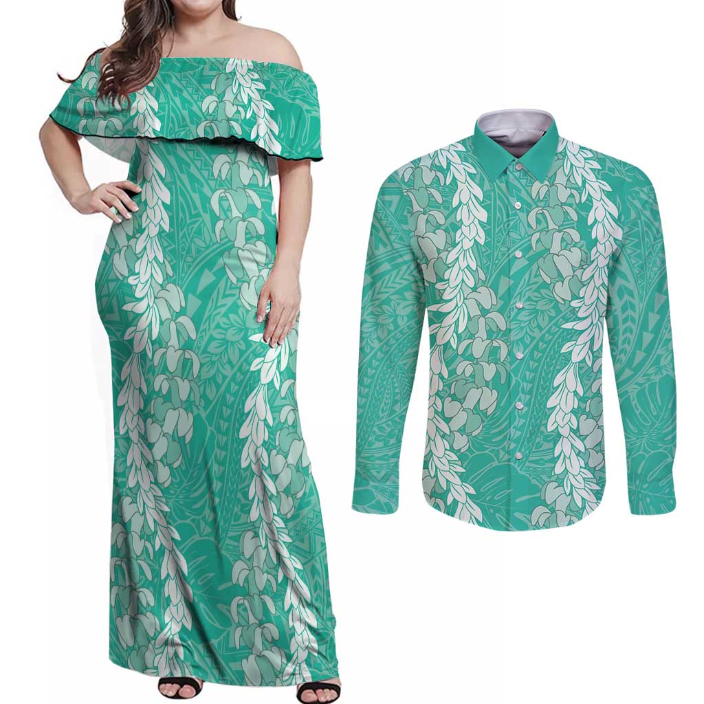 Puakenikeni and Maile Lei Couples Matching Off Shoulder Maxi Dress and Long Sleeve Button Shirt Sage Green Double Strand Lei