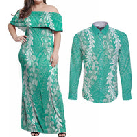 Puakenikeni and Maile Lei Couples Matching Off Shoulder Maxi Dress and Long Sleeve Button Shirt Sage Green Double Strand Lei