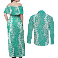 Puakenikeni and Maile Lei Couples Matching Off Shoulder Maxi Dress and Long Sleeve Button Shirt Sage Green Double Strand Lei