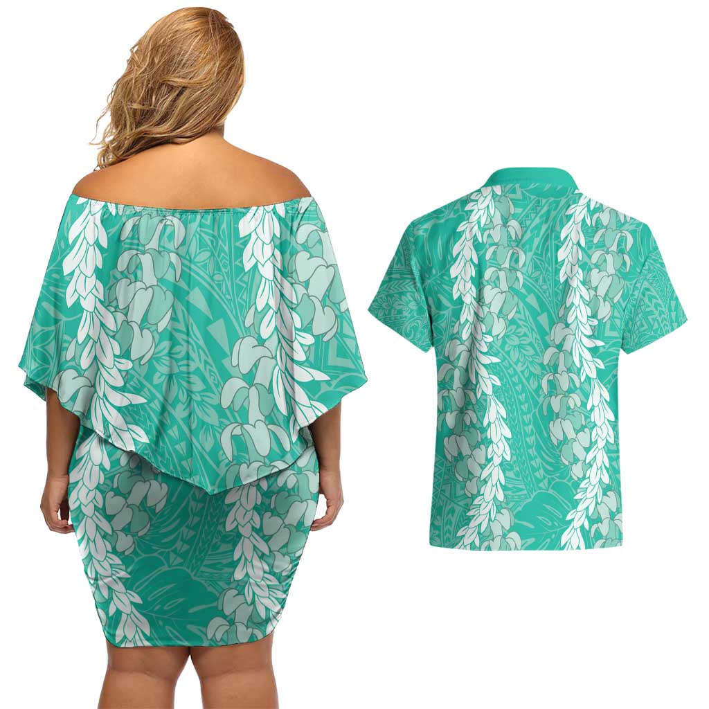 Puakenikeni and Maile Lei Couples Matching Off Shoulder Short Dress and Hawaiian Shirt Sage Green Double Strand Lei LT9 - Polynesian Pride