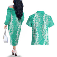 Puakenikeni and Maile Lei Couples Matching Off The Shoulder Long Sleeve Dress and Hawaiian Shirt Sage Green Double Strand Lei LT9 - Polynesian Pride