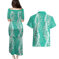 Puakenikeni and Maile Lei Couples Matching Puletasi and Hawaiian Shirt Sage Green Double Strand Lei