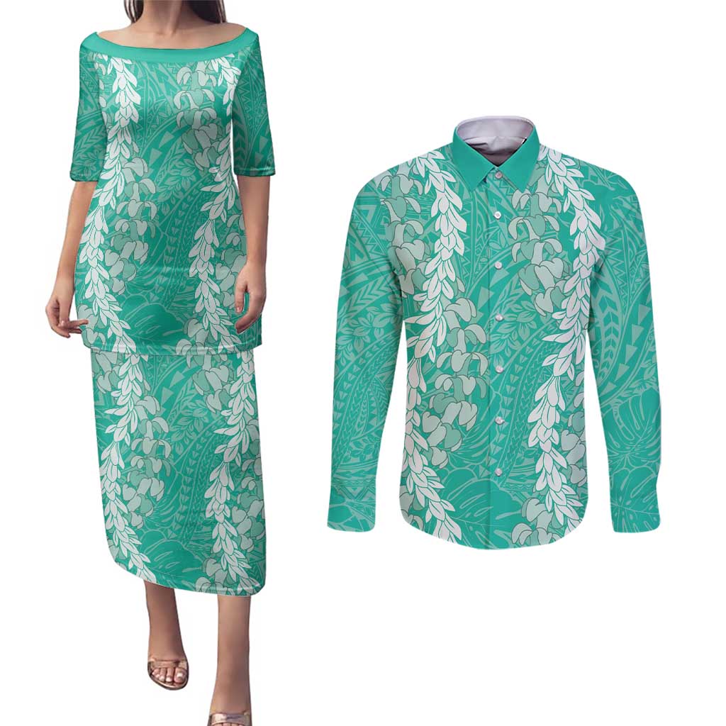 Puakenikeni and Maile Lei Couples Matching Puletasi and Long Sleeve Button Shirt Sage Green Double Strand Lei