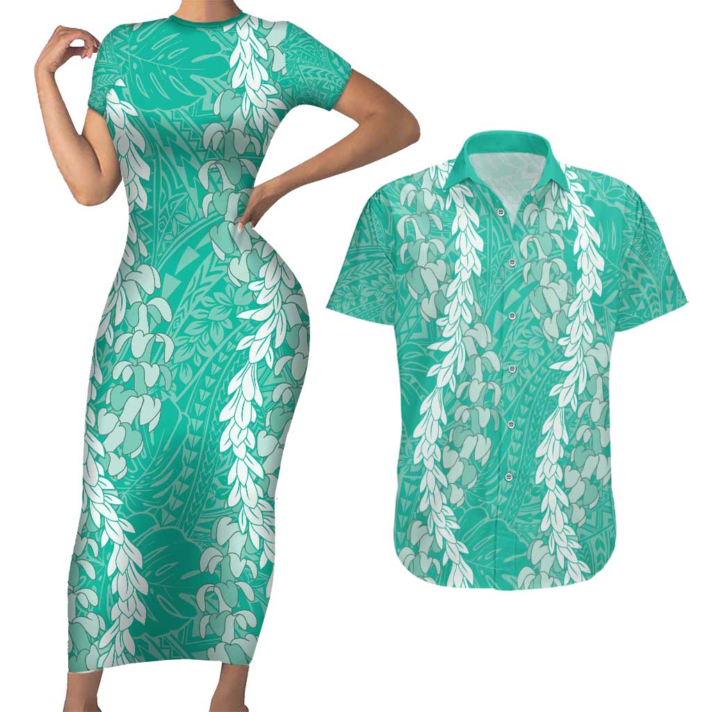 Puakenikeni and Maile Lei Couples Matching Short Sleeve Bodycon Dress and Hawaiian Shirt Sage Green Double Strand Lei LT9 Sage Green - Polynesian Pride