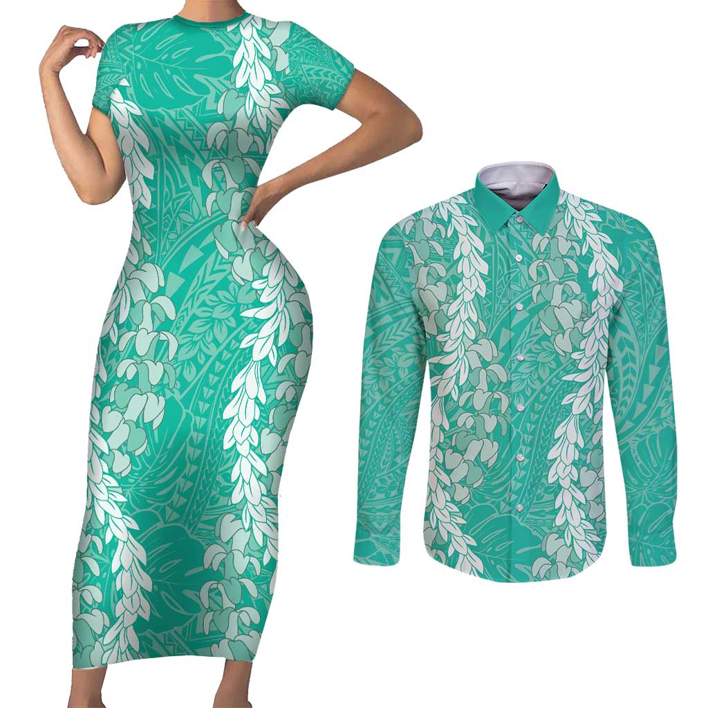 Puakenikeni and Maile Lei Couples Matching Short Sleeve Bodycon Dress and Long Sleeve Button Shirt Sage Green Double Strand Lei LT9 Sage Green - Polynesian Pride