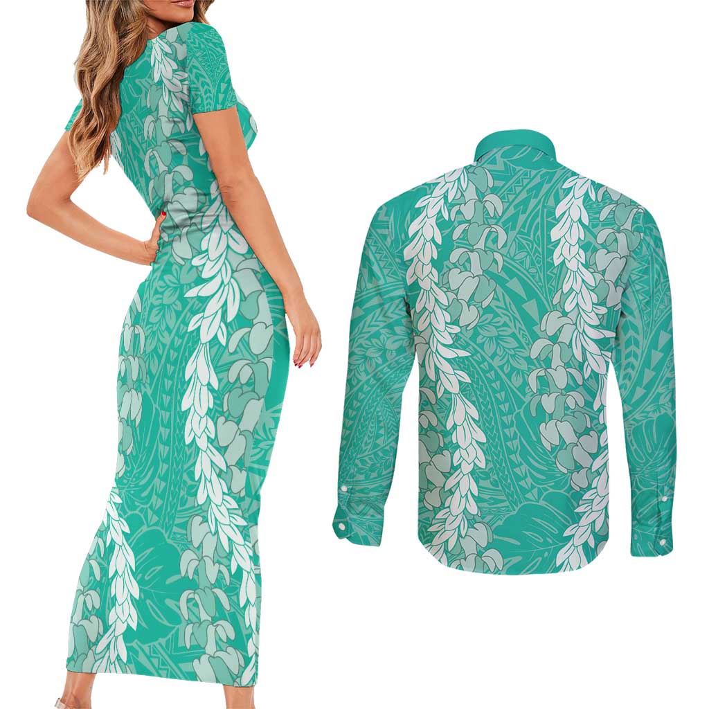 Puakenikeni and Maile Lei Couples Matching Short Sleeve Bodycon Dress and Long Sleeve Button Shirt Sage Green Double Strand Lei LT9 - Polynesian Pride