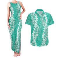 Puakenikeni and Maile Lei Couples Matching Tank Maxi Dress and Hawaiian Shirt Sage Green Double Strand Lei LT9 Sage Green - Polynesian Pride