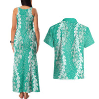 Puakenikeni and Maile Lei Couples Matching Tank Maxi Dress and Hawaiian Shirt Sage Green Double Strand Lei LT9 - Polynesian Pride