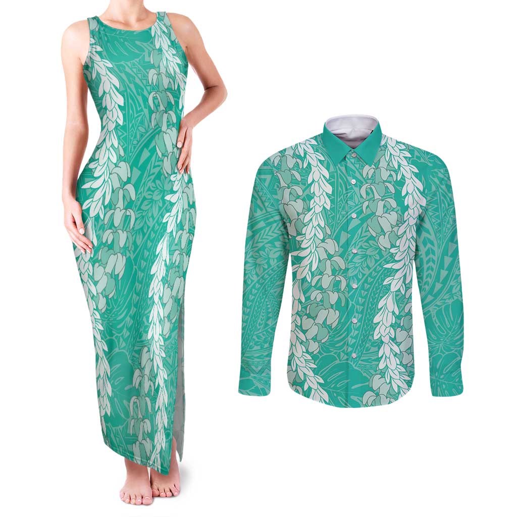 Puakenikeni and Maile Lei Couples Matching Tank Maxi Dress and Long Sleeve Button Shirt Sage Green Double Strand Lei