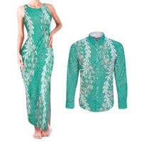 Puakenikeni and Maile Lei Couples Matching Tank Maxi Dress and Long Sleeve Button Shirt Sage Green Double Strand Lei