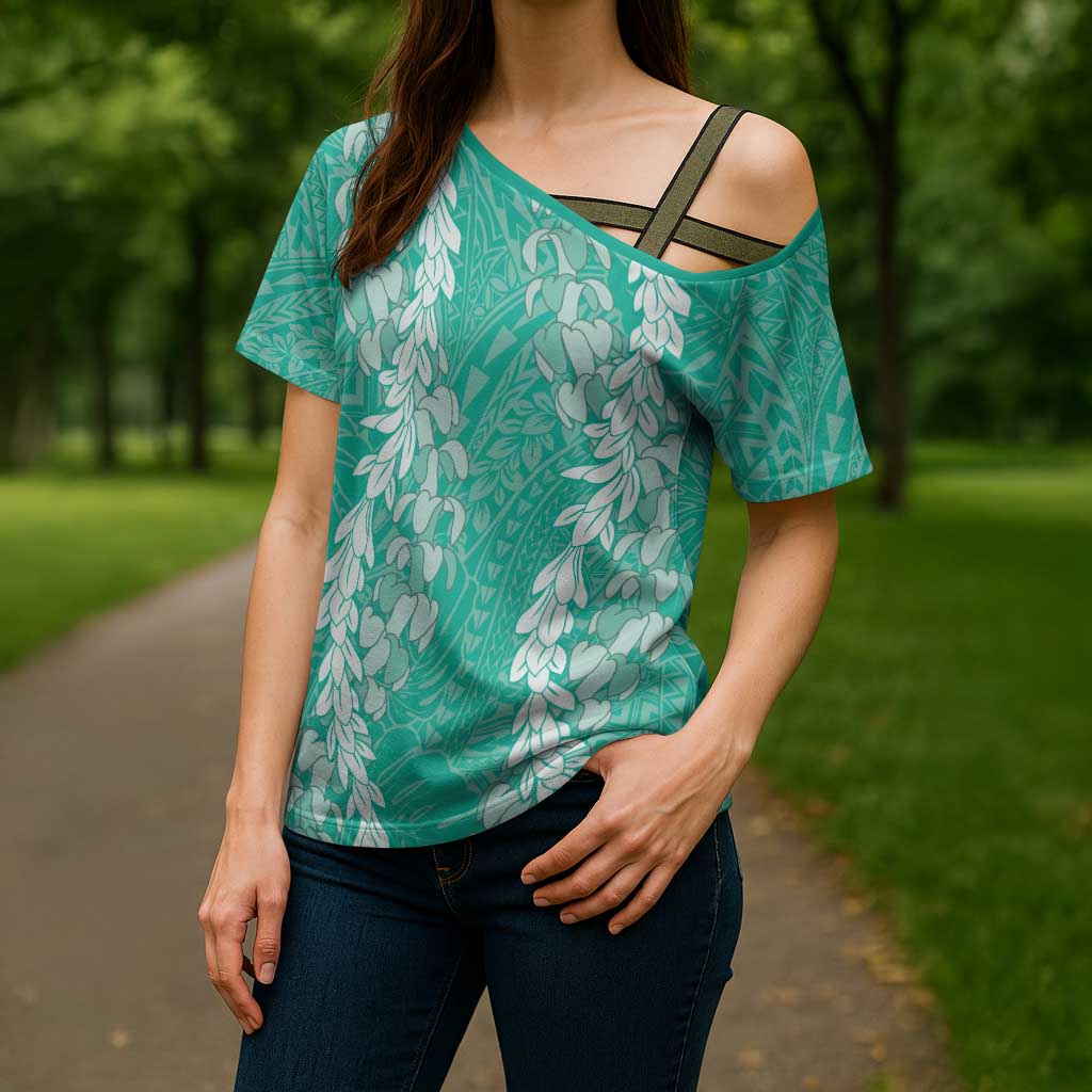 Puakenikeni and Maile Lei Cross Shoulder Shirt Sage Green Double Strand Lei - Polynesian Pride