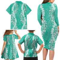 Puakenikeni and Maile Lei Family Matching Long Sleeve Bodycon Dress and Hawaiian Shirt Sage Green Double Strand Lei LT9 - Polynesian Pride