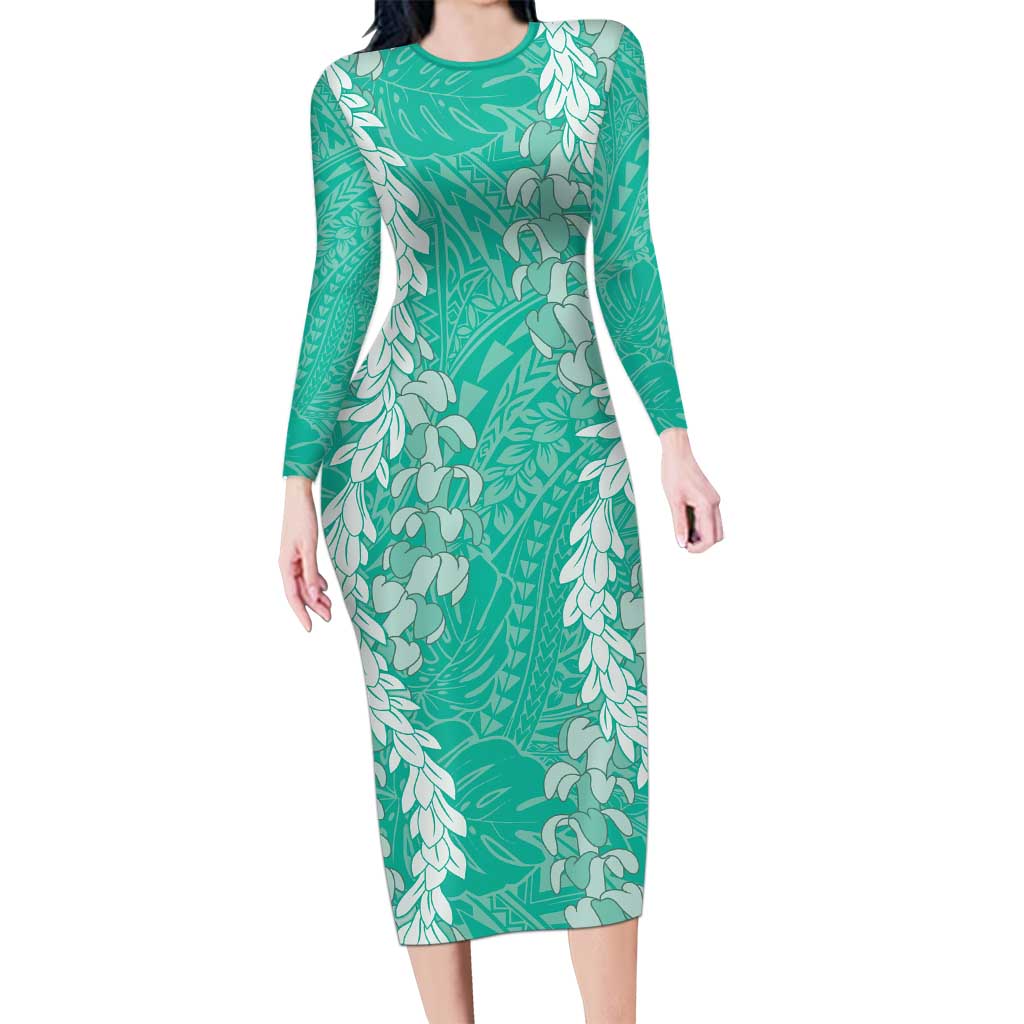 Puakenikeni and Maile Lei Family Matching Long Sleeve Bodycon Dress and Hawaiian Shirt Sage Green Double Strand Lei LT9 Mom's Dress Sage Green - Polynesian Pride