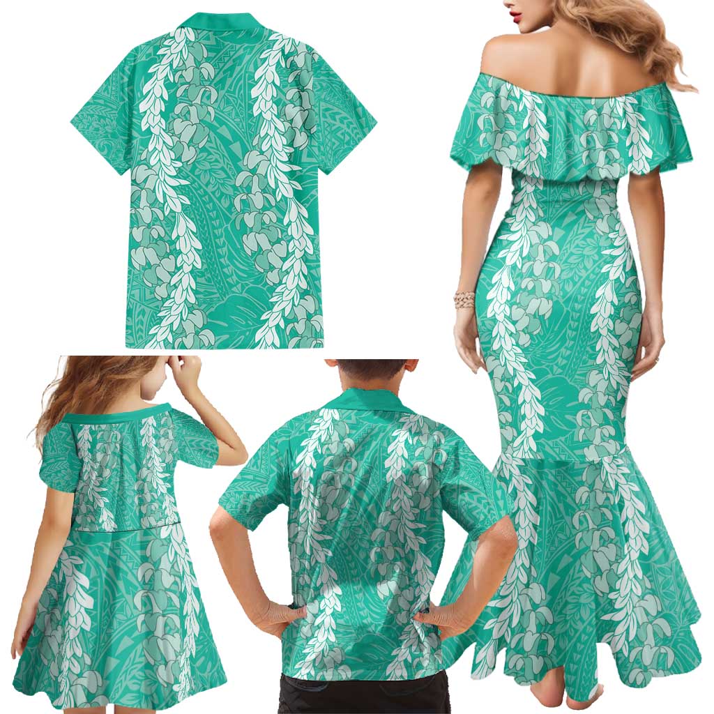 Puakenikeni and Maile Lei Family Matching Mermaid Dress and Hawaiian Shirt Sage Green Double Strand Lei LT9 - Polynesian Pride
