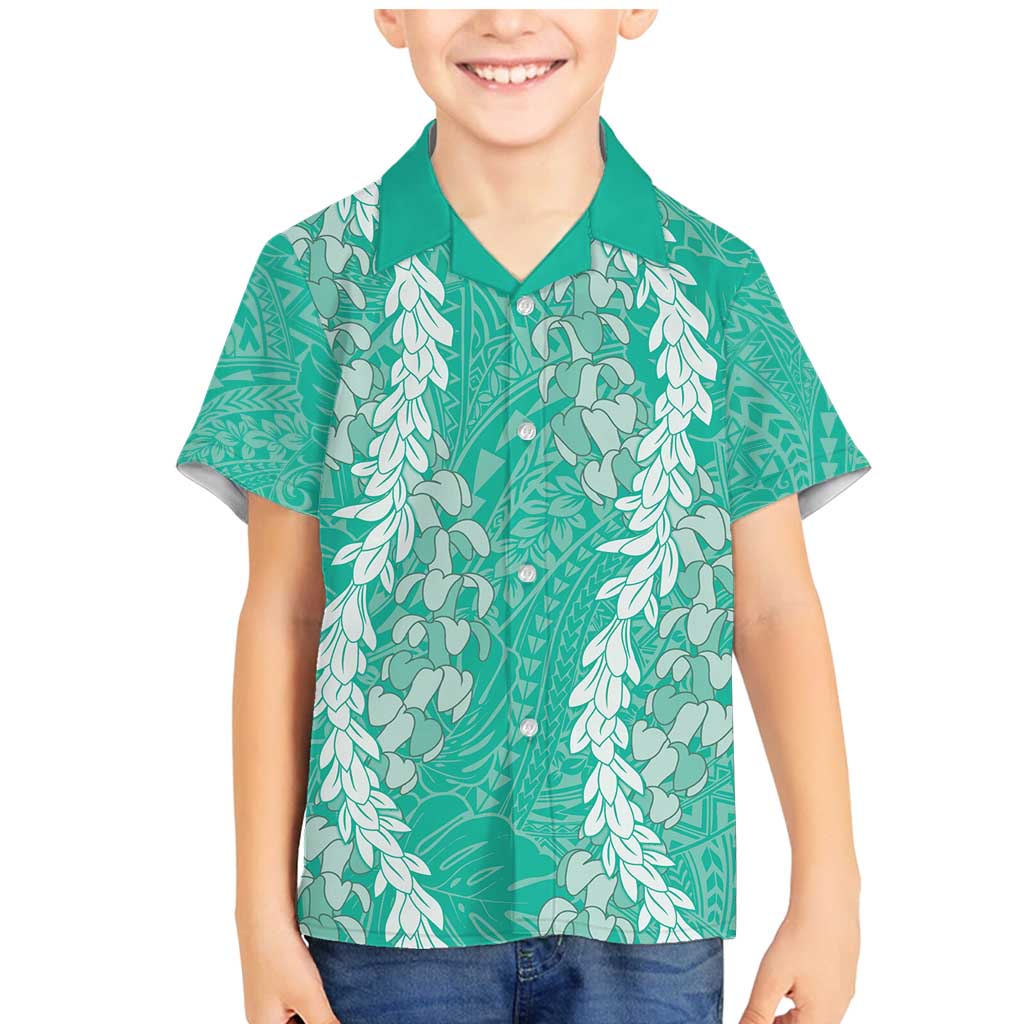 Puakenikeni and Maile Lei Family Matching Mermaid Dress and Hawaiian Shirt Sage Green Double Strand Lei LT9 Son's Shirt Sage Green - Polynesian Pride