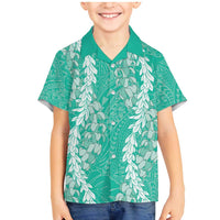 Puakenikeni and Maile Lei Family Matching Mermaid Dress and Hawaiian Shirt Sage Green Double Strand Lei LT9 Son's Shirt Sage Green - Polynesian Pride