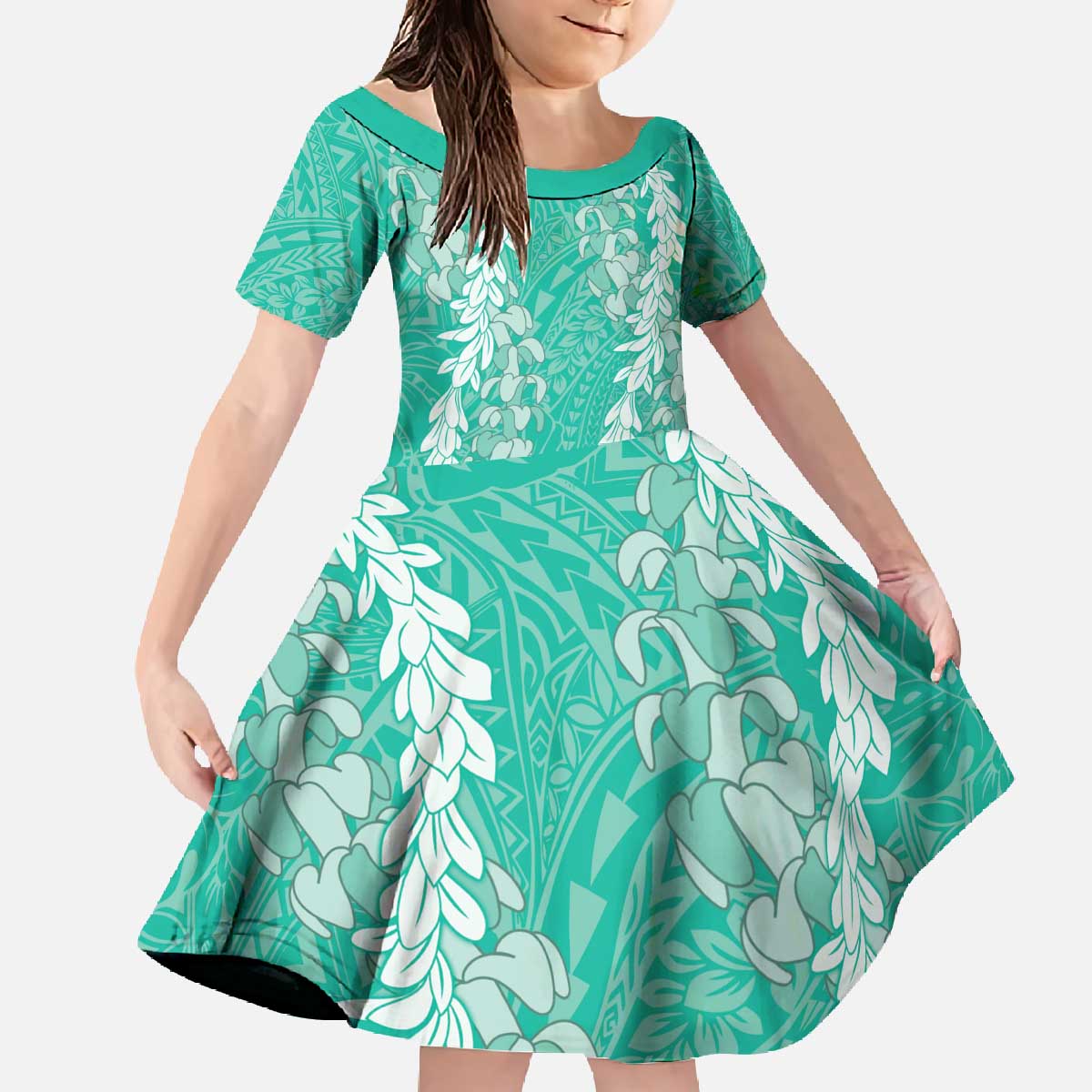 Puakenikeni and Maile Lei Family Matching Off The Shoulder Long Sleeve Dress and Hawaiian Shirt Sage Green Double Strand Lei LT9 Daughter's Dress Sage Green - Polynesian Pride