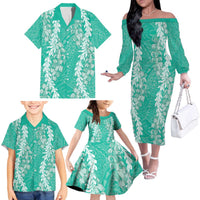 Puakenikeni and Maile Lei Family Matching Off The Shoulder Long Sleeve Dress and Hawaiian Shirt Sage Green Double Strand Lei LT9 - Polynesian Pride