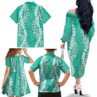 Puakenikeni and Maile Lei Family Matching Off The Shoulder Long Sleeve Dress and Hawaiian Shirt Sage Green Double Strand Lei LT9 - Polynesian Pride