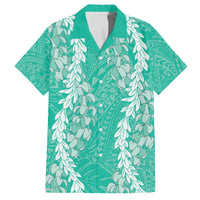 Puakenikeni and Maile Lei Family Matching Off The Shoulder Long Sleeve Dress and Hawaiian Shirt Sage Green Double Strand Lei LT9 Dad's Shirt - Short Sleeve Sage Green - Polynesian Pride