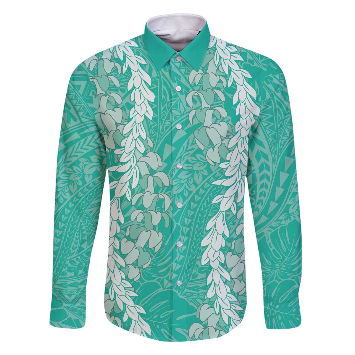 Puakenikeni and Maile Lei Family Matching Off The Shoulder Long Sleeve Dress and Hawaiian Shirt Sage Green Double Strand Lei LT9 Dad's Shirt - Long Sleeve Sage Green - Polynesian Pride