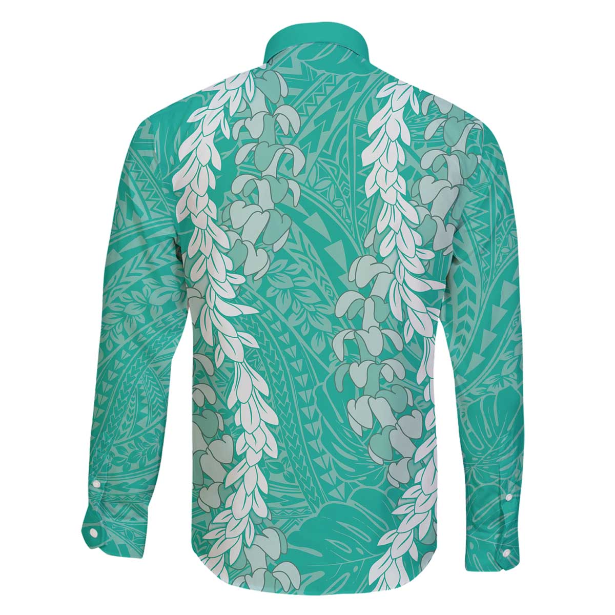 Puakenikeni and Maile Lei Family Matching Off The Shoulder Long Sleeve Dress and Hawaiian Shirt Sage Green Double Strand Lei LT9 - Polynesian Pride