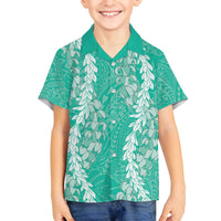 Puakenikeni and Maile Lei Family Matching Off The Shoulder Long Sleeve Dress and Hawaiian Shirt Sage Green Double Strand Lei LT9 Son's Shirt Sage Green - Polynesian Pride
