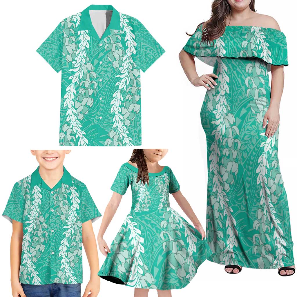 Puakenikeni and Maile Lei Family Matching Off Shoulder Maxi Dress and Hawaiian Shirt Sage Green Double Strand Lei LT9 - Polynesian Pride