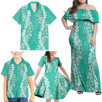Puakenikeni and Maile Lei Family Matching Off Shoulder Maxi Dress and Hawaiian Shirt Sage Green Double Strand Lei LT9 - Polynesian Pride