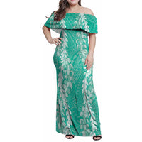 Puakenikeni and Maile Lei Family Matching Off Shoulder Maxi Dress and Hawaiian Shirt Sage Green Double Strand Lei LT9 Mom's Dress Sage Green - Polynesian Pride