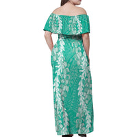 Puakenikeni and Maile Lei Family Matching Off Shoulder Maxi Dress and Hawaiian Shirt Sage Green Double Strand Lei LT9 - Polynesian Pride