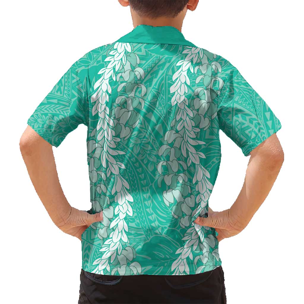 Puakenikeni and Maile Lei Family Matching Off Shoulder Short Dress and Hawaiian Shirt Sage Green Double Strand Lei LT9 - Polynesian Pride
