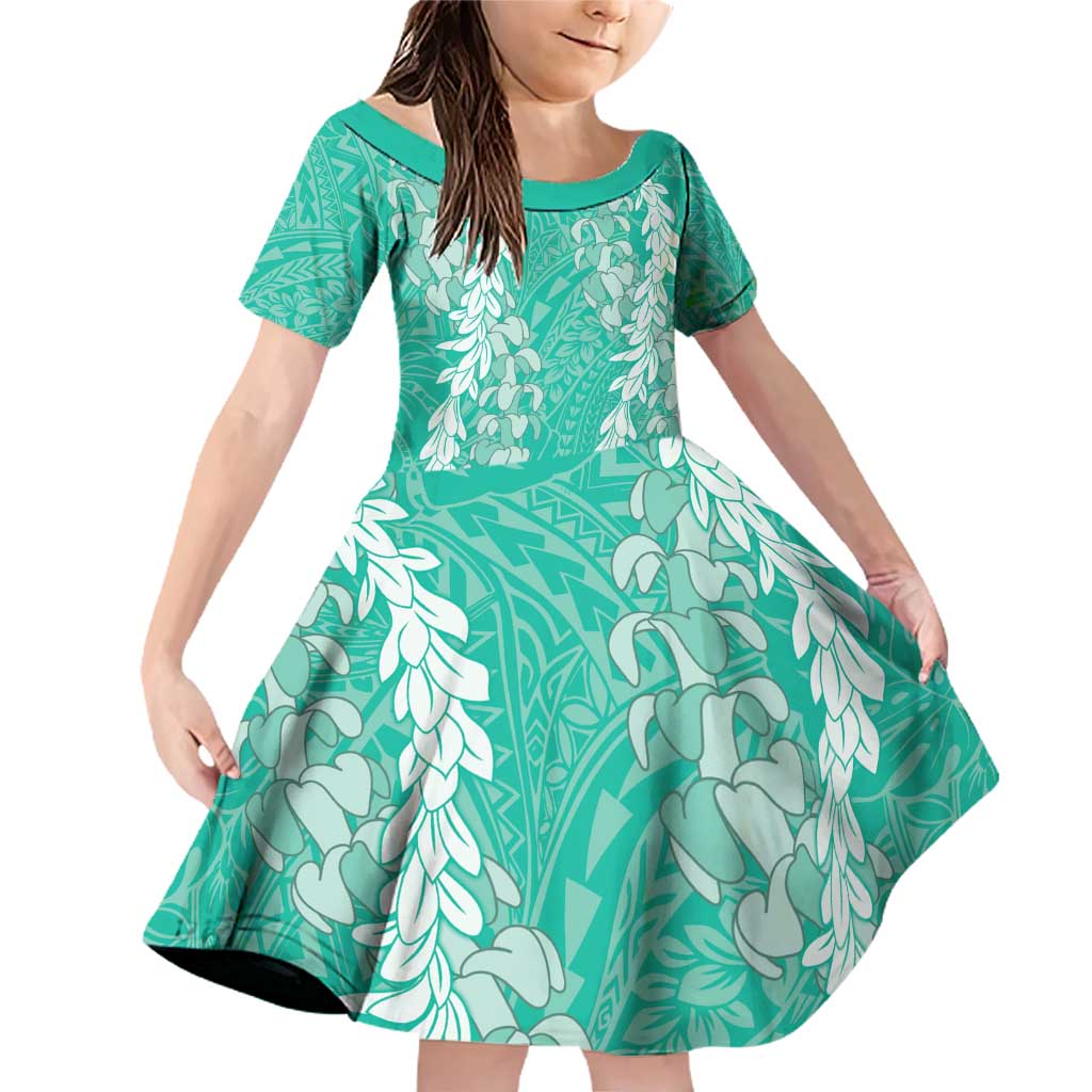 Puakenikeni and Maile Lei Family Matching Off Shoulder Short Dress and Hawaiian Shirt Sage Green Double Strand Lei LT9 Daughter's Dress Sage Green - Polynesian Pride