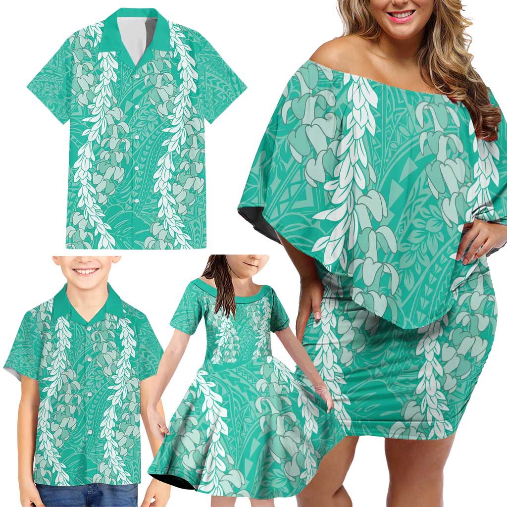 Puakenikeni and Maile Lei Family Matching Off Shoulder Short Dress and Hawaiian Shirt Sage Green Double Strand Lei LT9 - Polynesian Pride