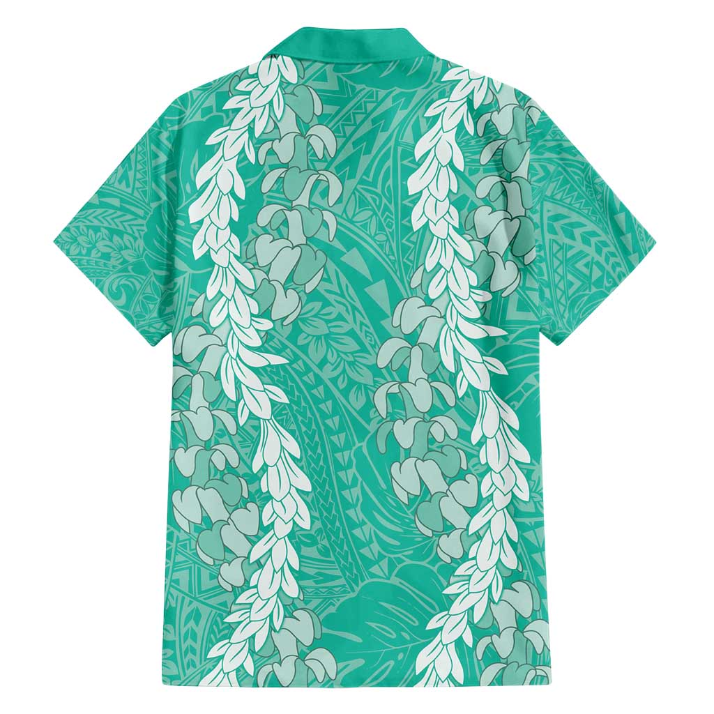 Puakenikeni and Maile Lei Family Matching Off Shoulder Short Dress and Hawaiian Shirt Sage Green Double Strand Lei LT9 - Polynesian Pride