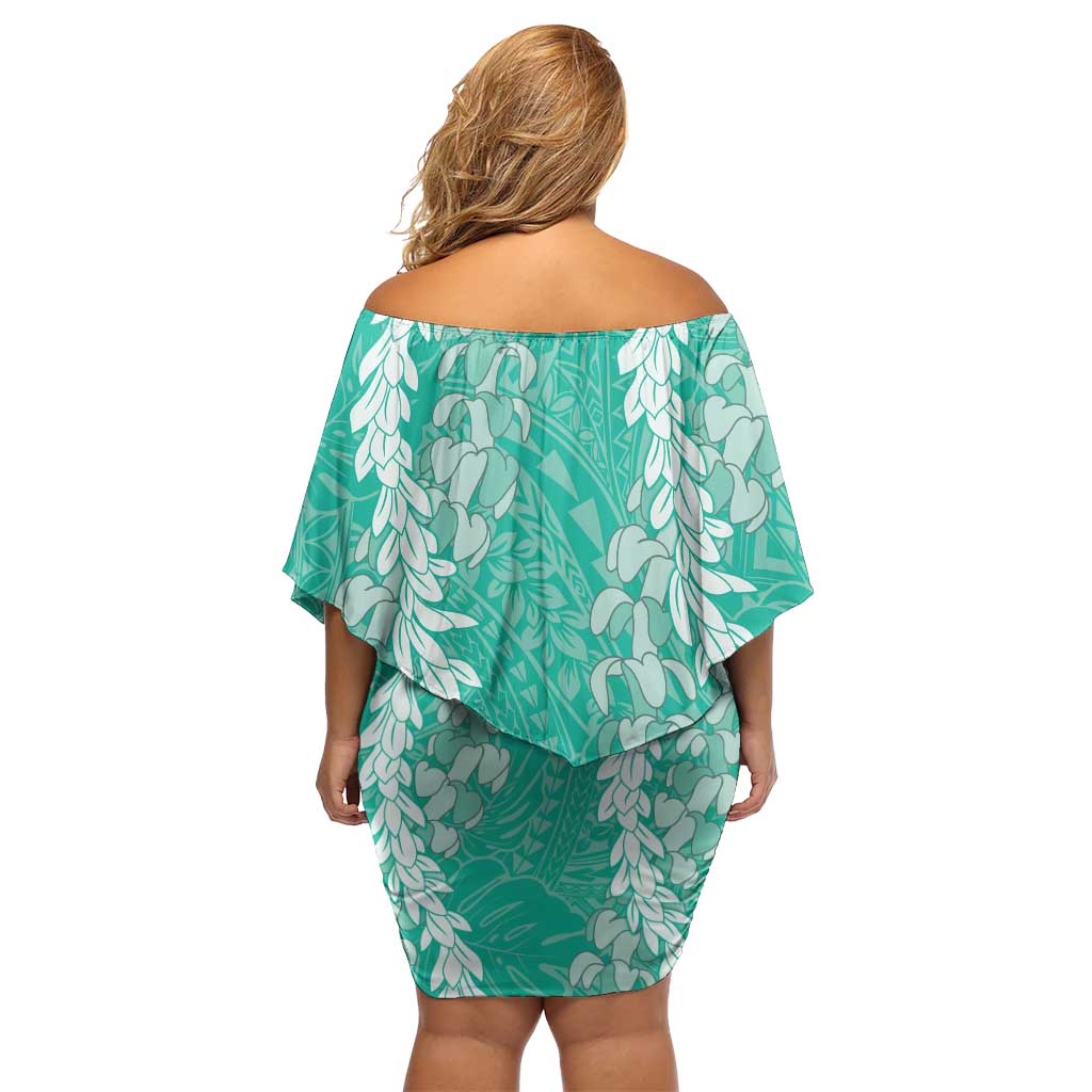 Puakenikeni and Maile Lei Family Matching Off Shoulder Short Dress and Hawaiian Shirt Sage Green Double Strand Lei LT9 - Polynesian Pride