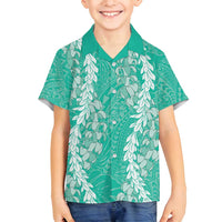 Puakenikeni and Maile Lei Family Matching Off Shoulder Short Dress and Hawaiian Shirt Sage Green Double Strand Lei LT9 Son's Shirt Sage Green - Polynesian Pride