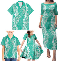 Puakenikeni and Maile Lei Family Matching Puletasi and Hawaiian Shirt Sage Green Double Strand Lei LT9 - Polynesian Pride