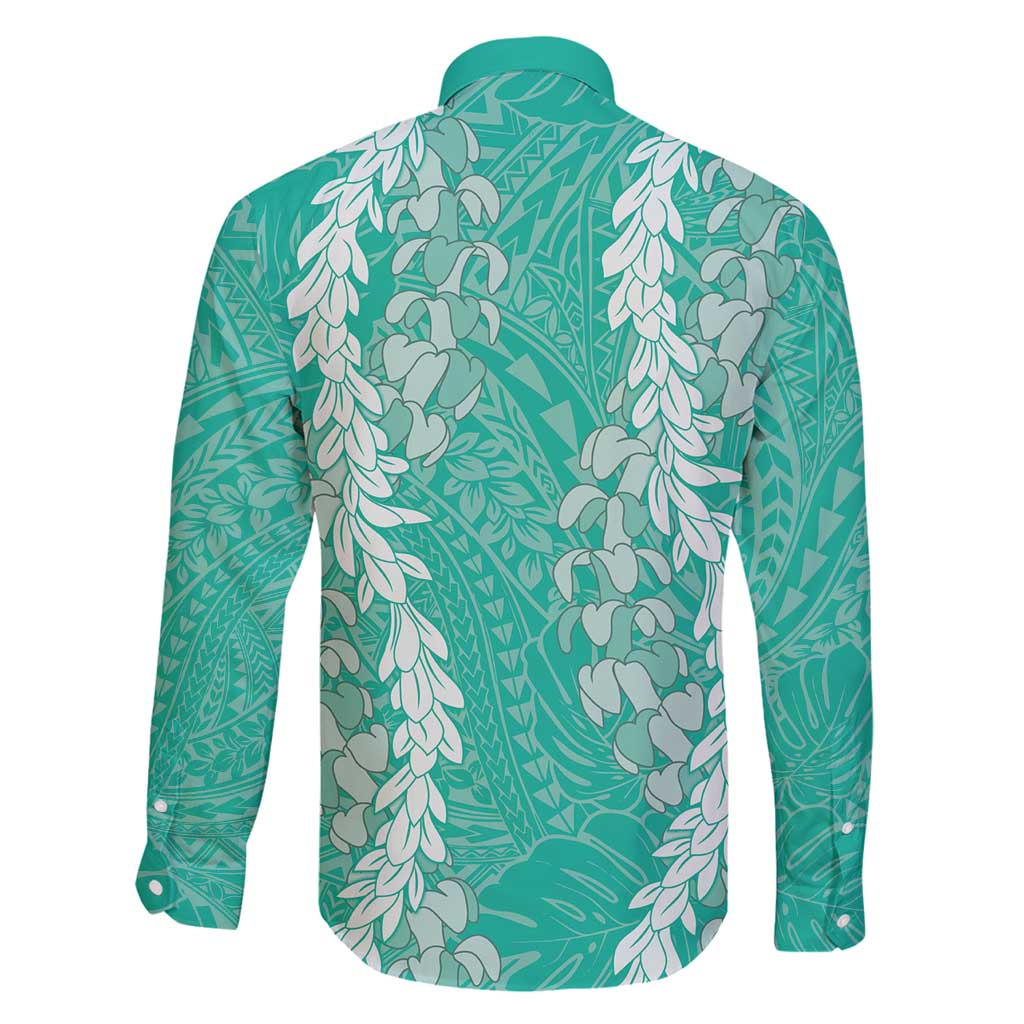 Puakenikeni and Maile Lei Family Matching Puletasi and Hawaiian Shirt Sage Green Double Strand Lei LT9 - Polynesian Pride
